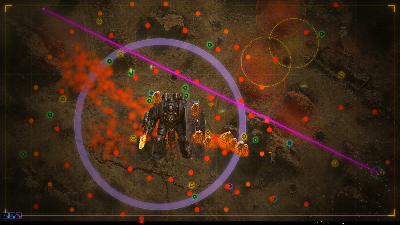 WARLORD — purple Phase 3 shockwave ring attack with flamethrower smoke cloud and overlapping red and yellow warning circles, arid desert biome