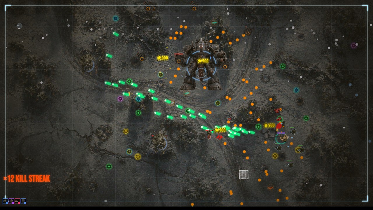 DREADNOUGHT — The Warden boss hit with ★900 burst damage from green laser, ×12 kill streak, wasteland biome
