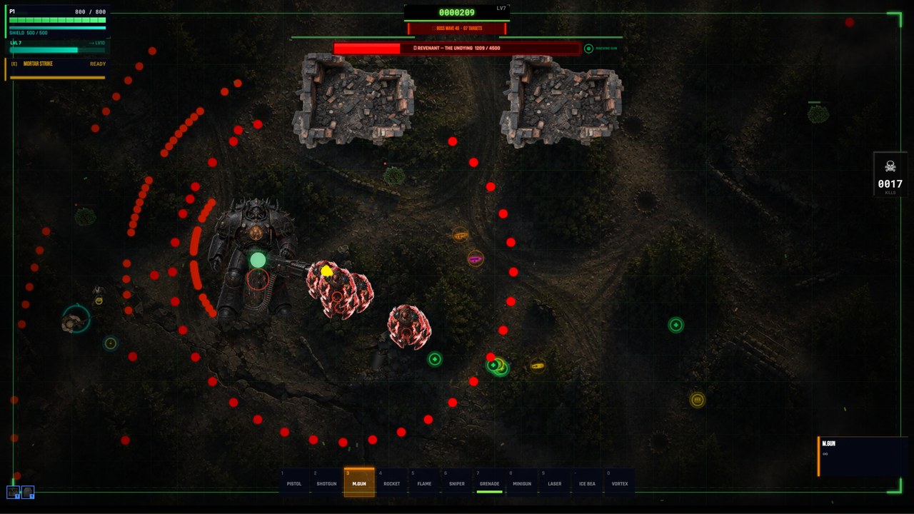 REVENANT — The Undying boss wave 40, 1209/4500 HP — Mortar Strike active, red bullet spiral attack, dark swamp biome with full HUD visible
