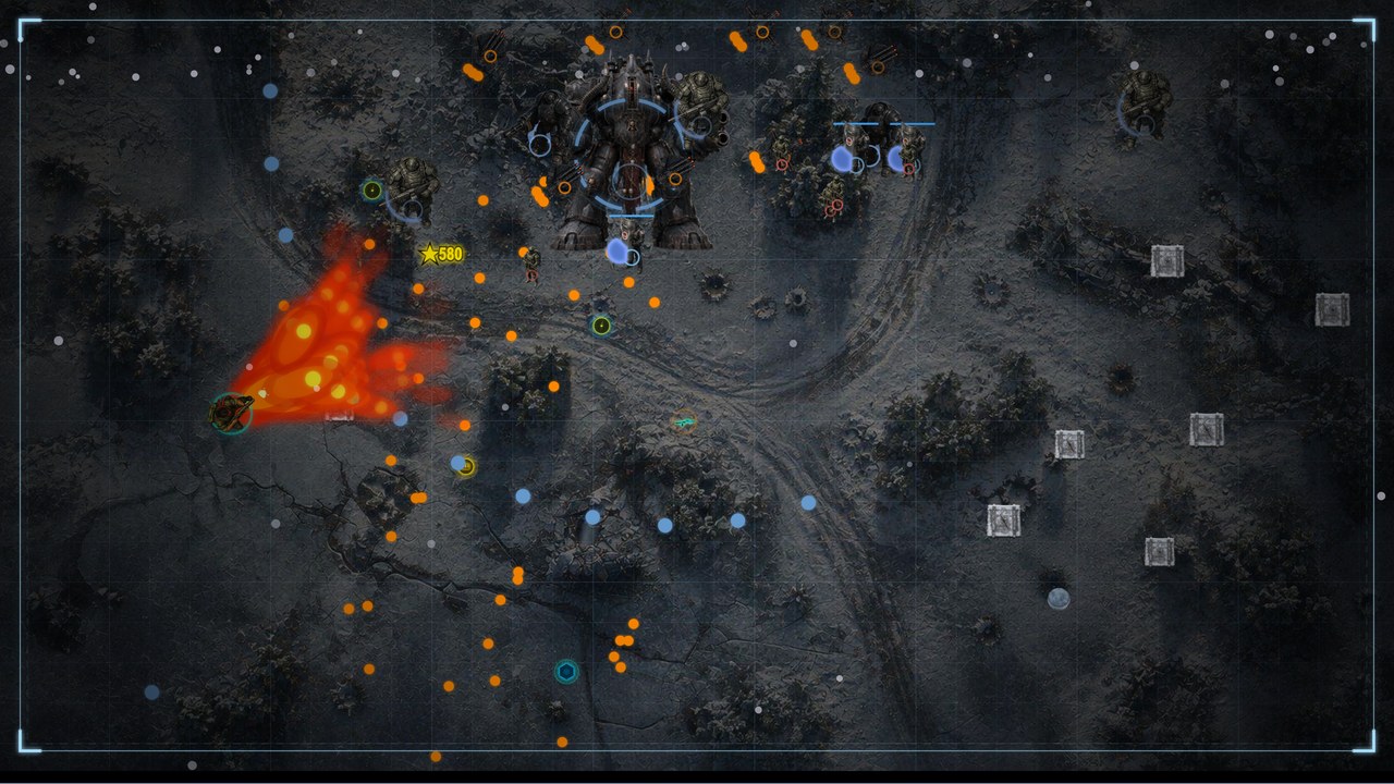 DREADNOUGHT boss fight — operator unleashes massive flamethrower cone for ★580 hit, blue particle burst, cracked wasteland biome