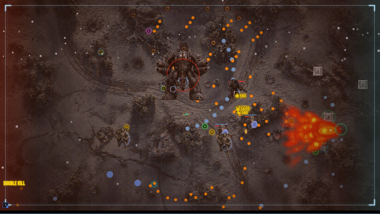 DREADNOUGHT — The Warden with red phase-damage ring active, DOUBLE KILL — flamethrower blast top right, damage numbers ★580, damage flash vignette