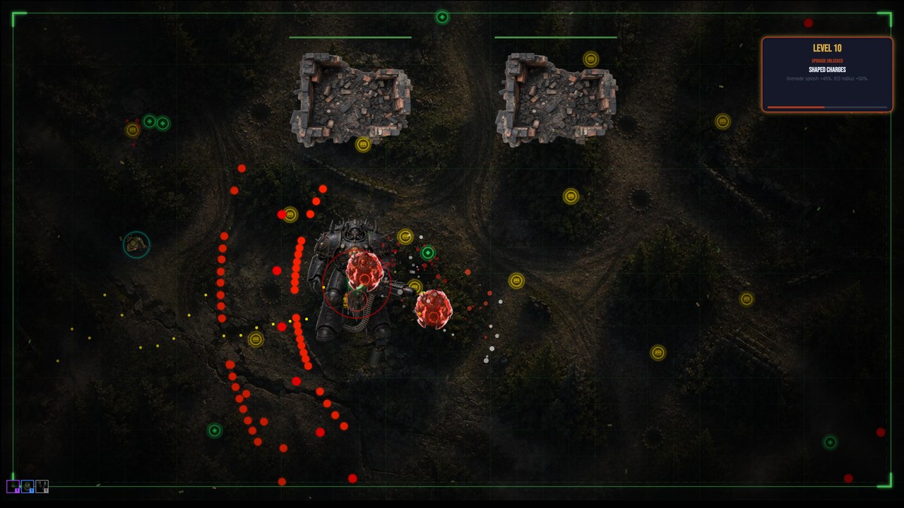 REVENANT boss fight — Level 10 SHAPED CHARGES upgrade unlocked popup, grenade explosion spiral, cracked forest biome with supply caches